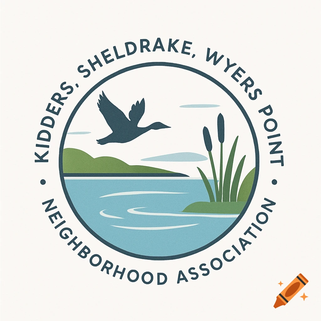Logo for Kidders, Sheldrake, Wyers Point Neighborhood Association featuring a duck flying over water with cattails and hills.