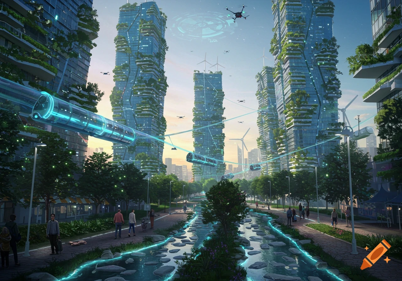A bustling, futuristic city with green skyscrapers, elevated light-rail trains, drones, and people walking by a glowing river.