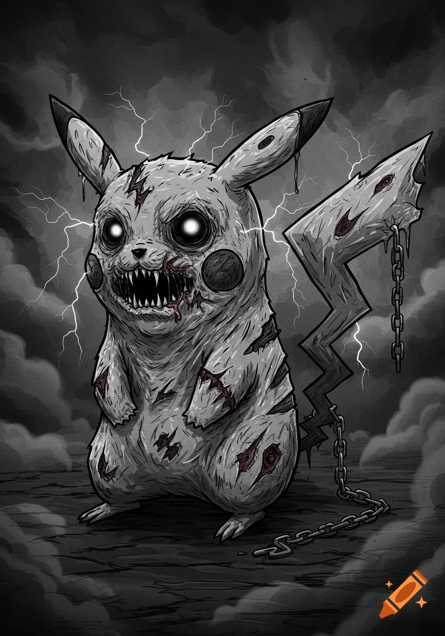 A black and white death metal illustration of a grotesque, zombie Pikachu with glowing eyes, torn fur, sharp teeth, and a chained tail, set against a stormy sky.