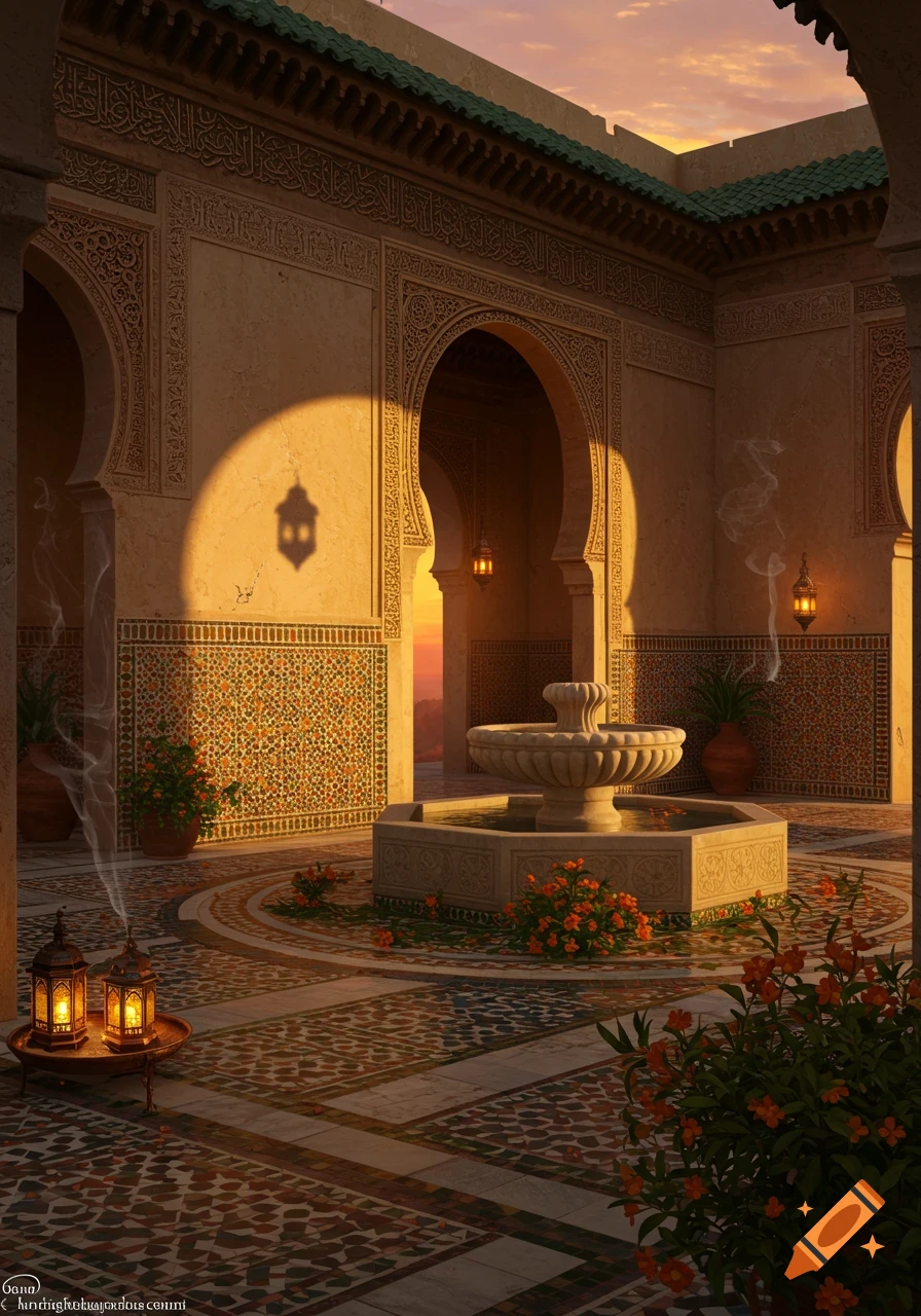 Ornate Moroccan courtyard at sunset with a central fountain, intricate tilework, arches, and lanterns emitting smoke.