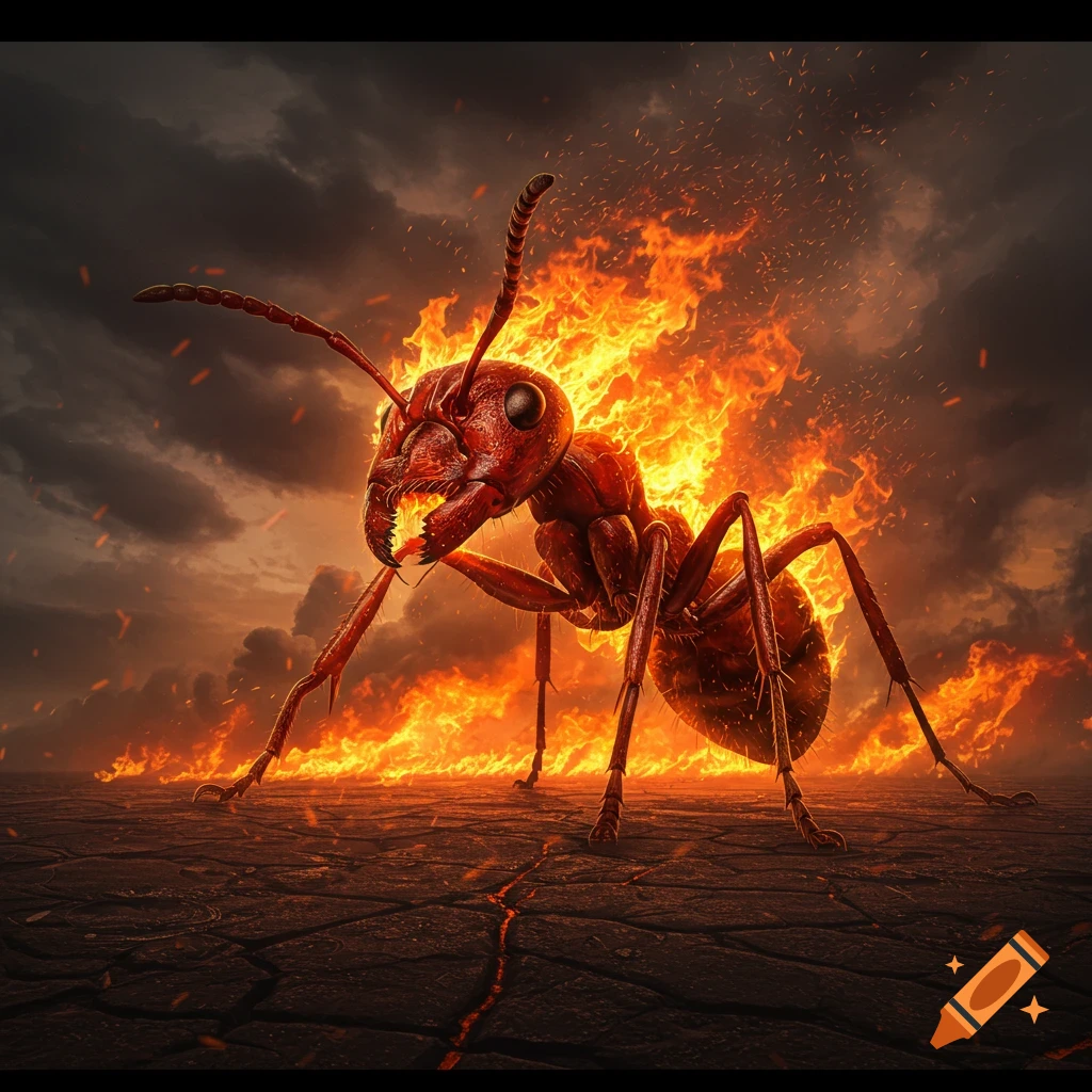 A giant, photorealistic red ant on fire stands on cracked earth under a dramatic, stormy sky.