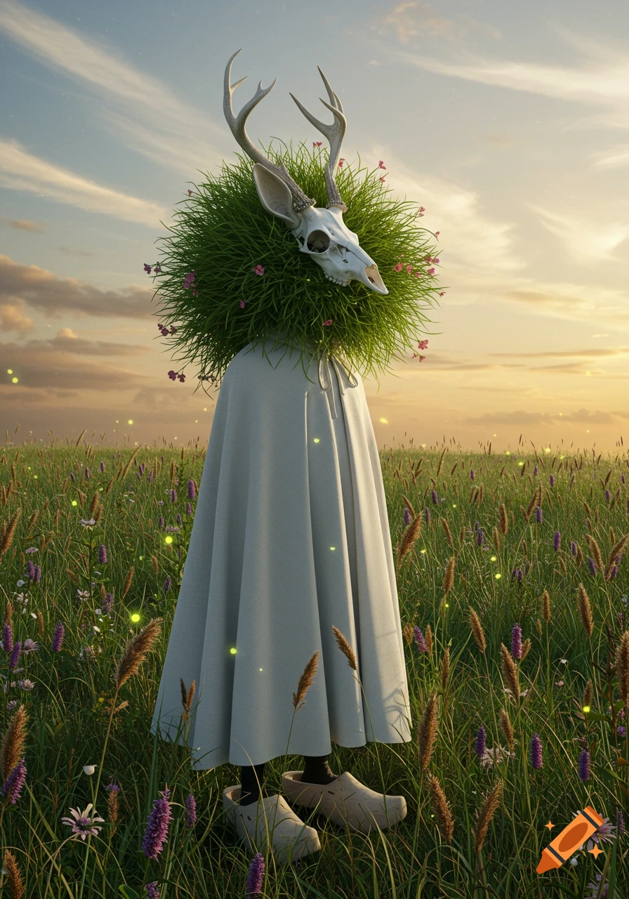 A mysterious figure in a white cloak with a deer skull head, grass mane, and wooden clogs stands in a sunny, flower-filled meadow at sunset.