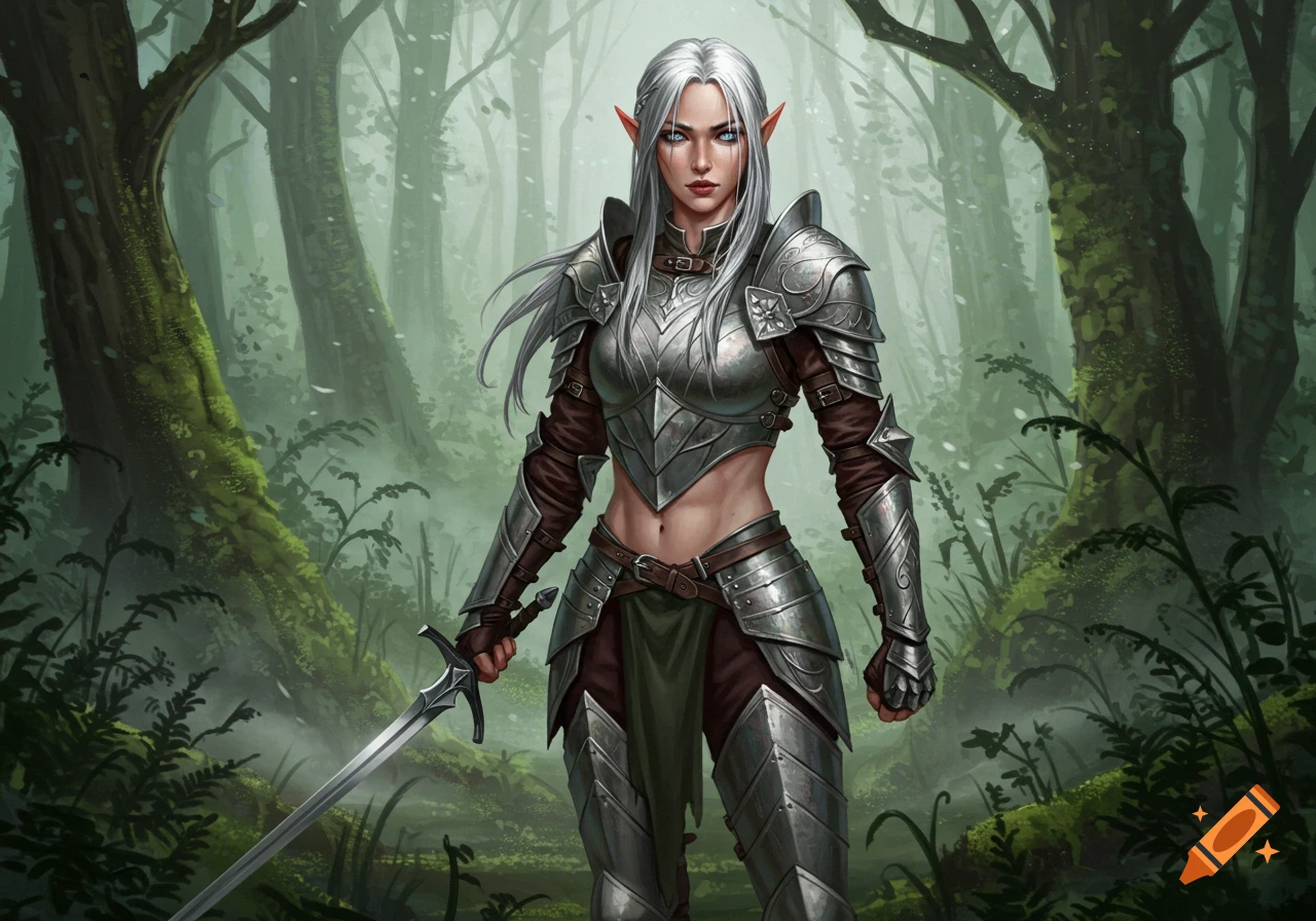 Realistic painting of a white-haired elf warrior in silver armor, holding a sword, standing in a lush forest.