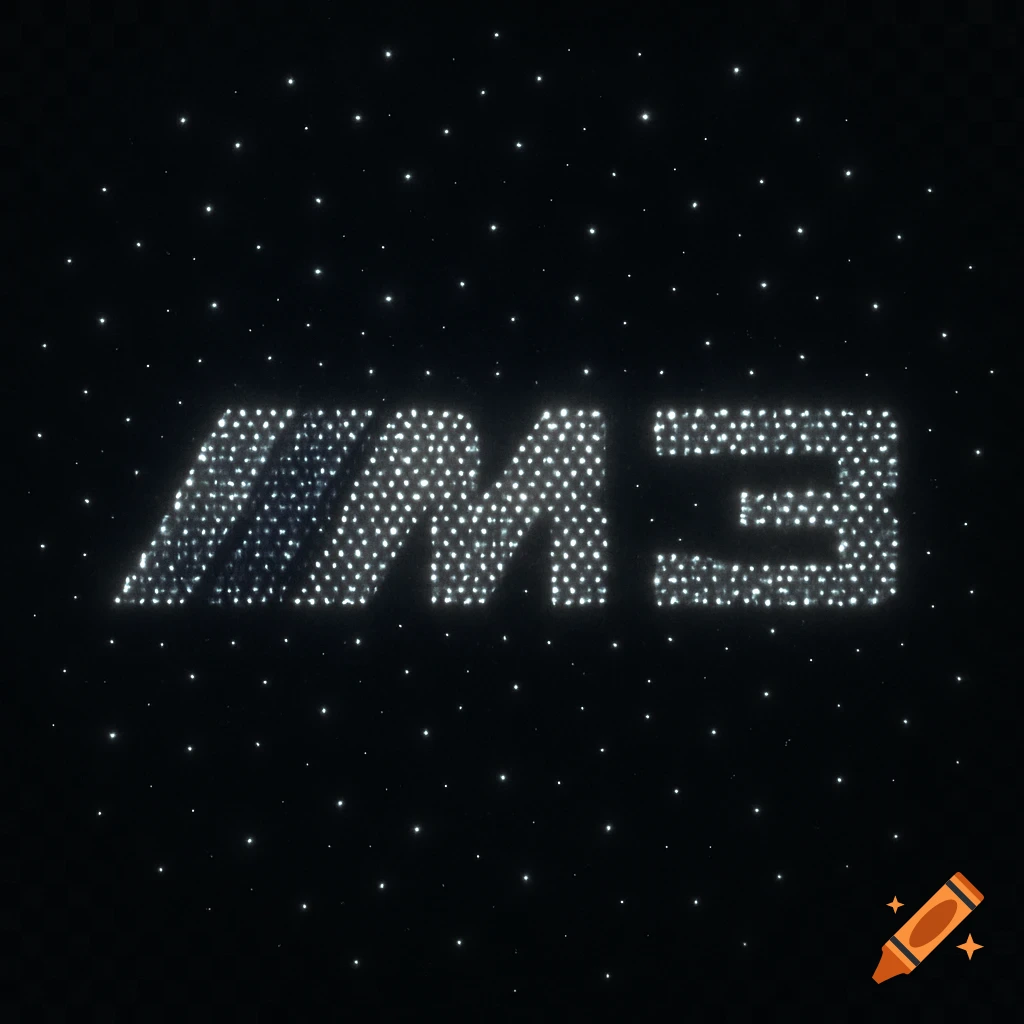 BMW M3 logo and /// stripes made from shimmering white dots on a dark background, resembling a starlight headliner.