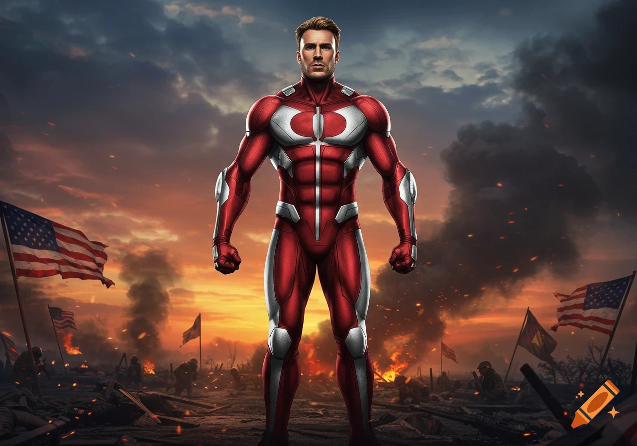 Muscular man with Chris Evans' face in a red and silver superhero suit on a war-torn battlefield at sunset with American flags.