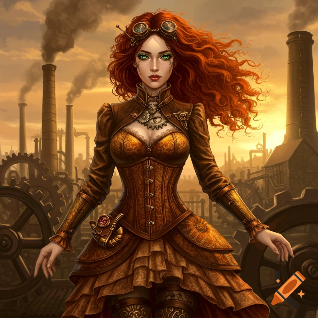 A detailed digital art portrait of a steampunk woman with red hair and green eyes, wearing an ornate brown outfit, against an industrial city.