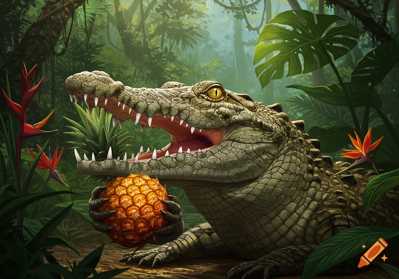 A realistic illustration of a large crocodile in a lush jungle, holding a pineapple in its claws with its mouth open.