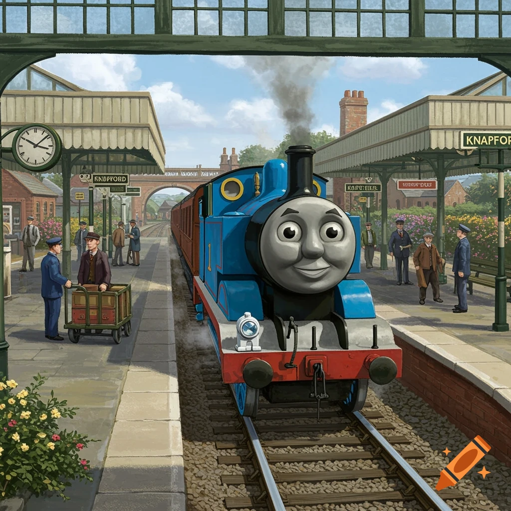 Thomas the Tank Engine, a blue anthropomorphic steam locomotive with a smiling face, pulls a train into a bustling train station with passengers and staff on the platforms, under a clear sky.