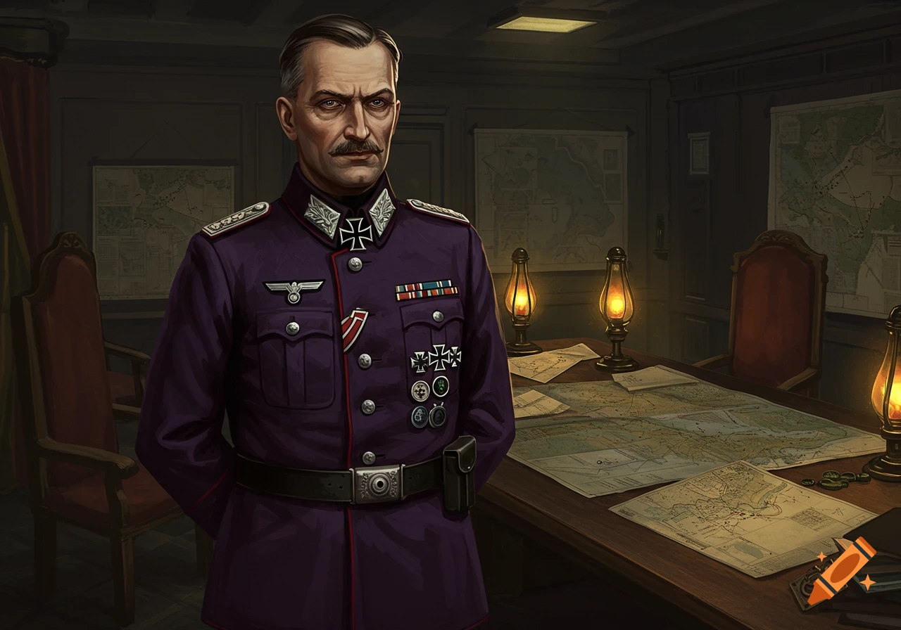 Digital painting of a stern German officer in a purple uniform with medals, standing in a dim office with maps and oil lamps.