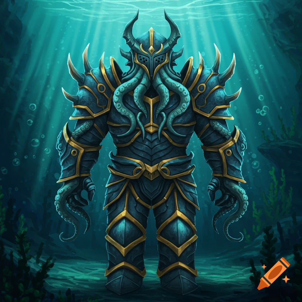 Stylized illustration of a dark blue and gold kraken armor suit with tentacles and horns, standing on the ocean floor.
