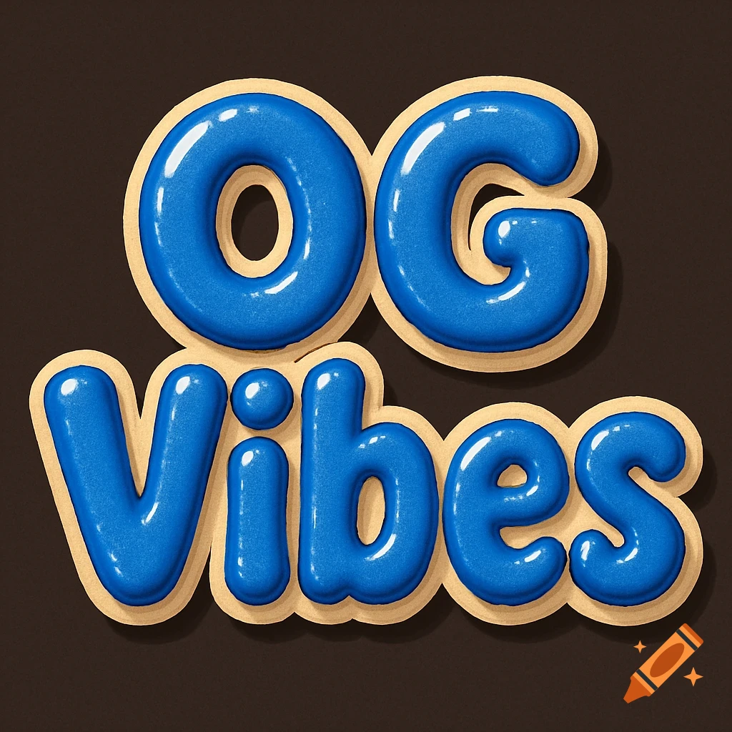 Blue, glossy, rounded text spelling 'OG Vibes' in a cookie-like style on a dark brown background.