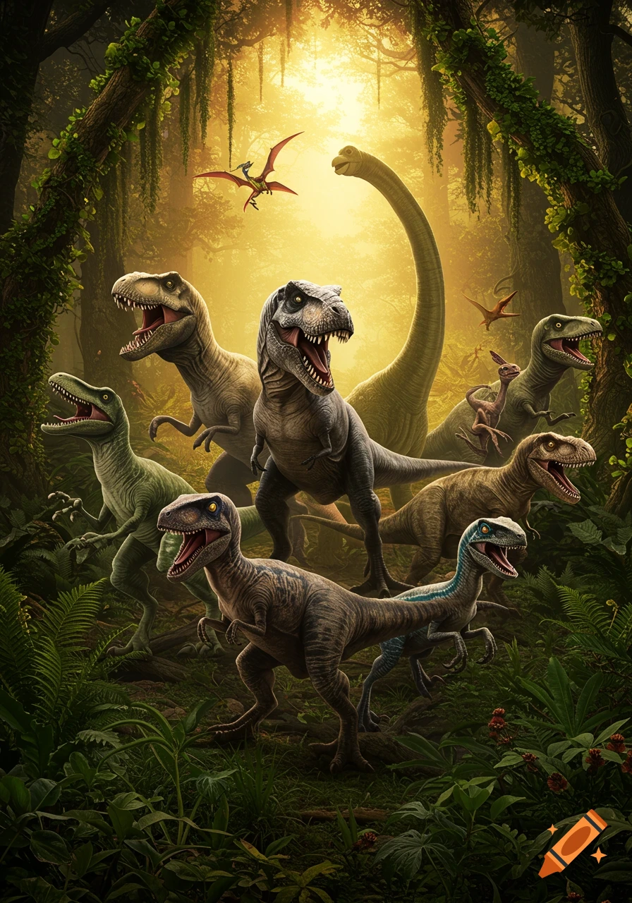 Realistic image of several dinosaurs, including T-Rex and raptors, gathered in a lush, sun-drenched prehistoric jungle.