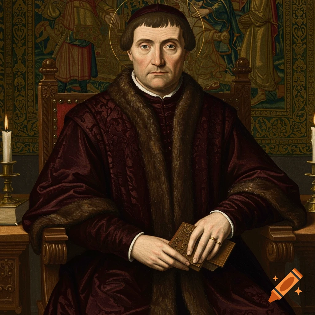 Renaissance portrait of a man, possibly Saint Thomas More, wearing a fur-trimmed robe, holding a book, with a faint halo.