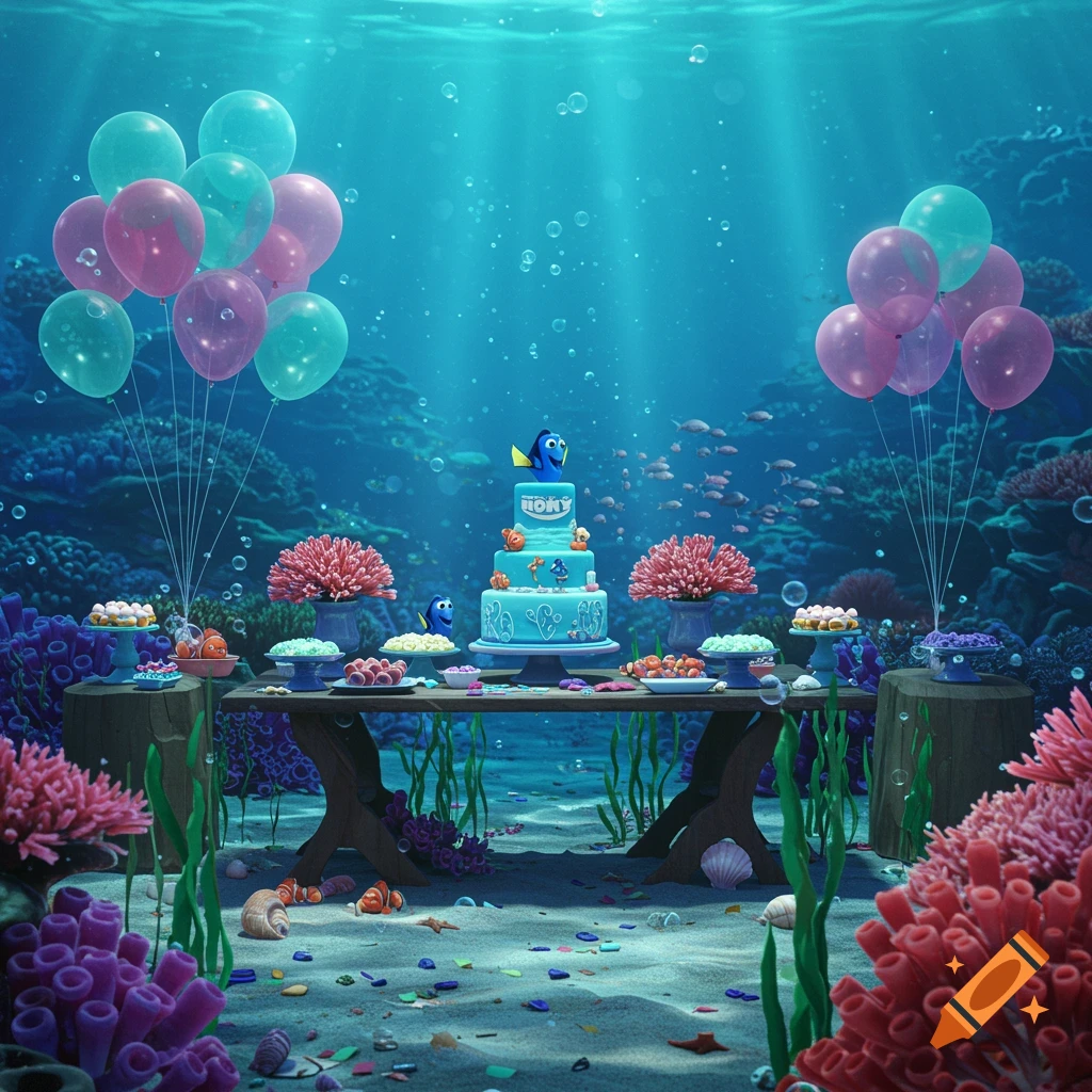 An underwater birthday party setup featuring a blue tiered cake with Finding Dory characters, surrounded by colorful coral, balloons, and sweet treats on a wooden table.