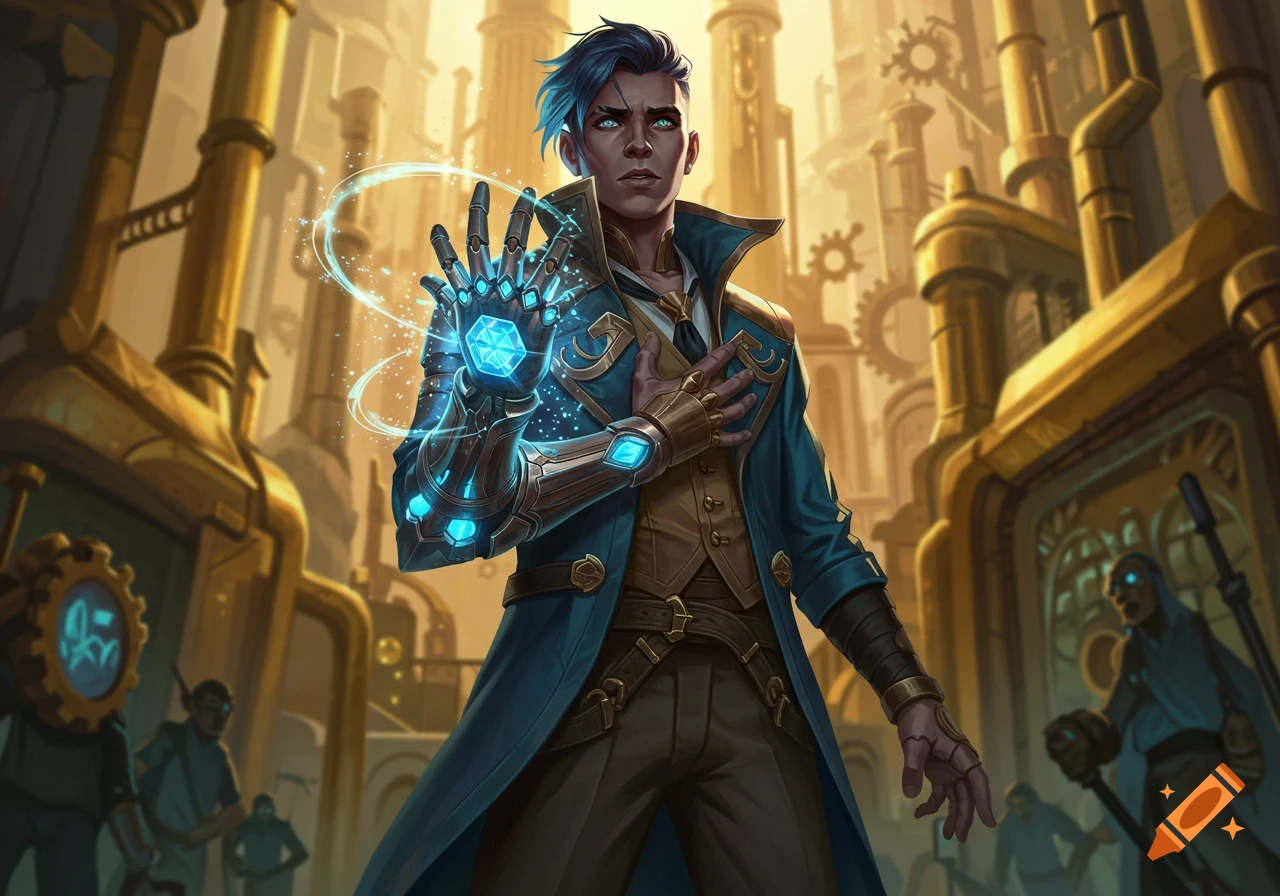 A blue-haired man in a teal coat and steampunk attire holds out a glowing, energy-infused gauntlet in an industrial city.