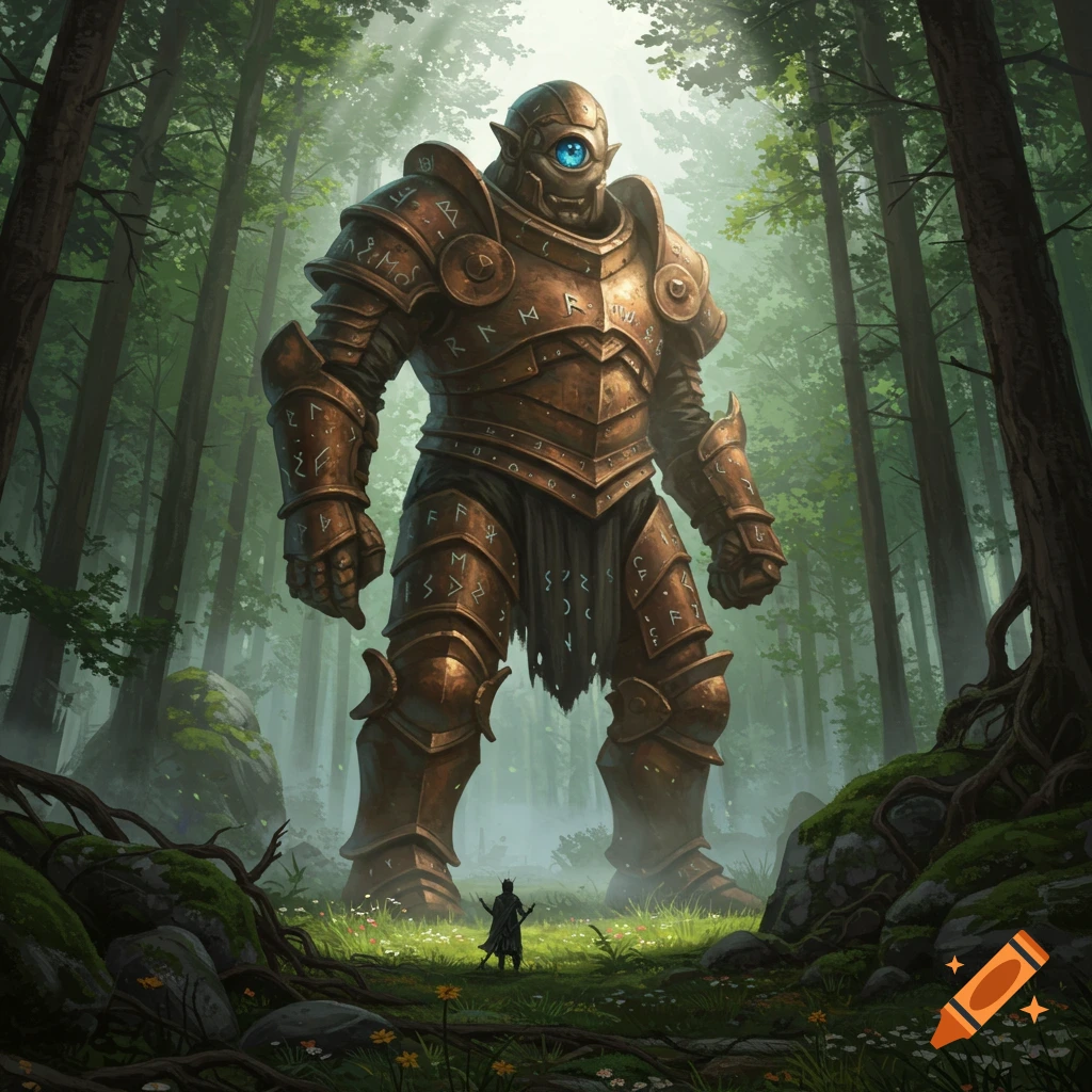 A massive, armored cyclops with a glowing blue eye towers over a tiny figure in a sunlit fantasy forest.