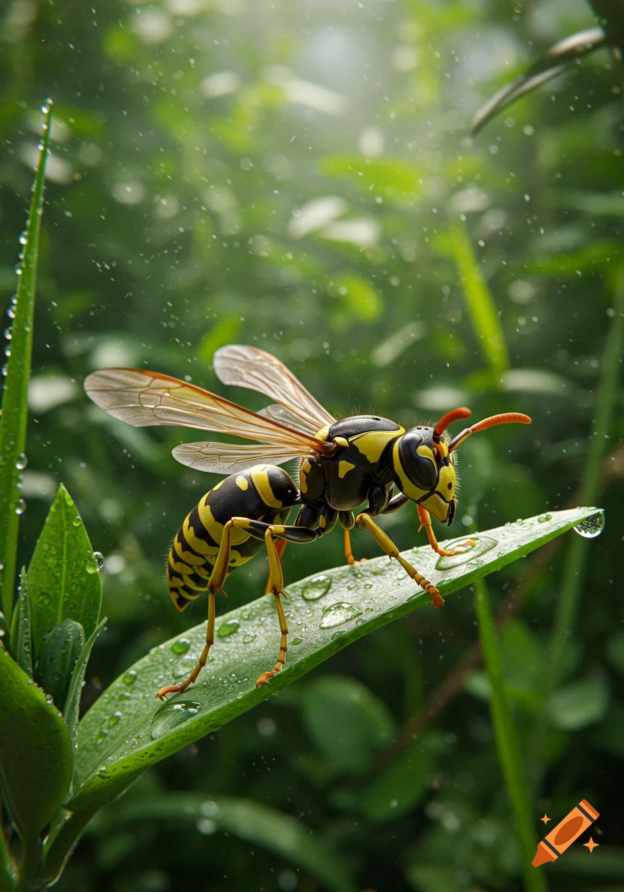 A detailed, photorealistic macro shot of a black and yellow wasp resting on a green leaf with water droplets, in a lush natural setting.