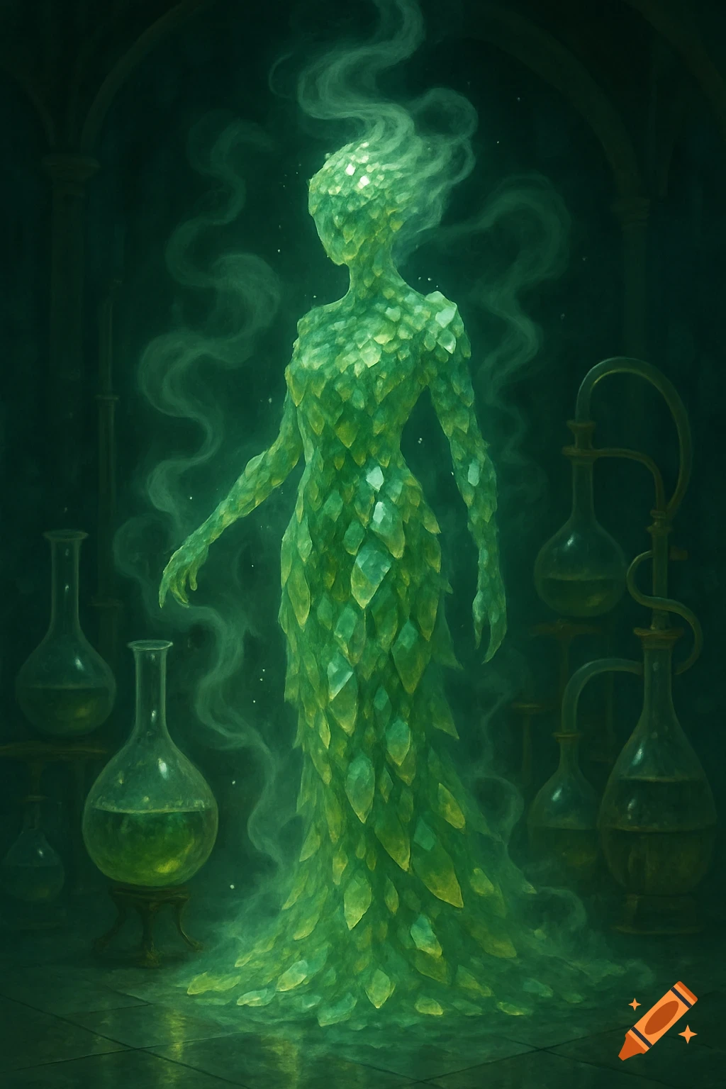 An ethereal figure made of green crystals and smoke stands in a dark alchemical lab with glowing beakers.