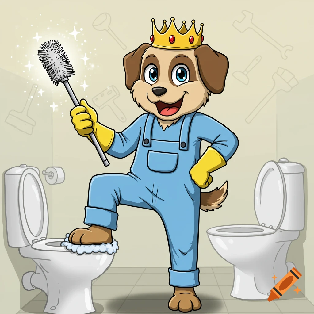 A cartoon dog in blue overalls, yellow gloves, and a crown holds a sparkling toilet brush like a wand, foot on a toilet in a bathroom.