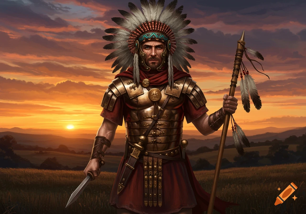 A proud warrior in Roman armor and Native American headdress stands in a field at sunset, holding a spear and dagger. Detailed art.