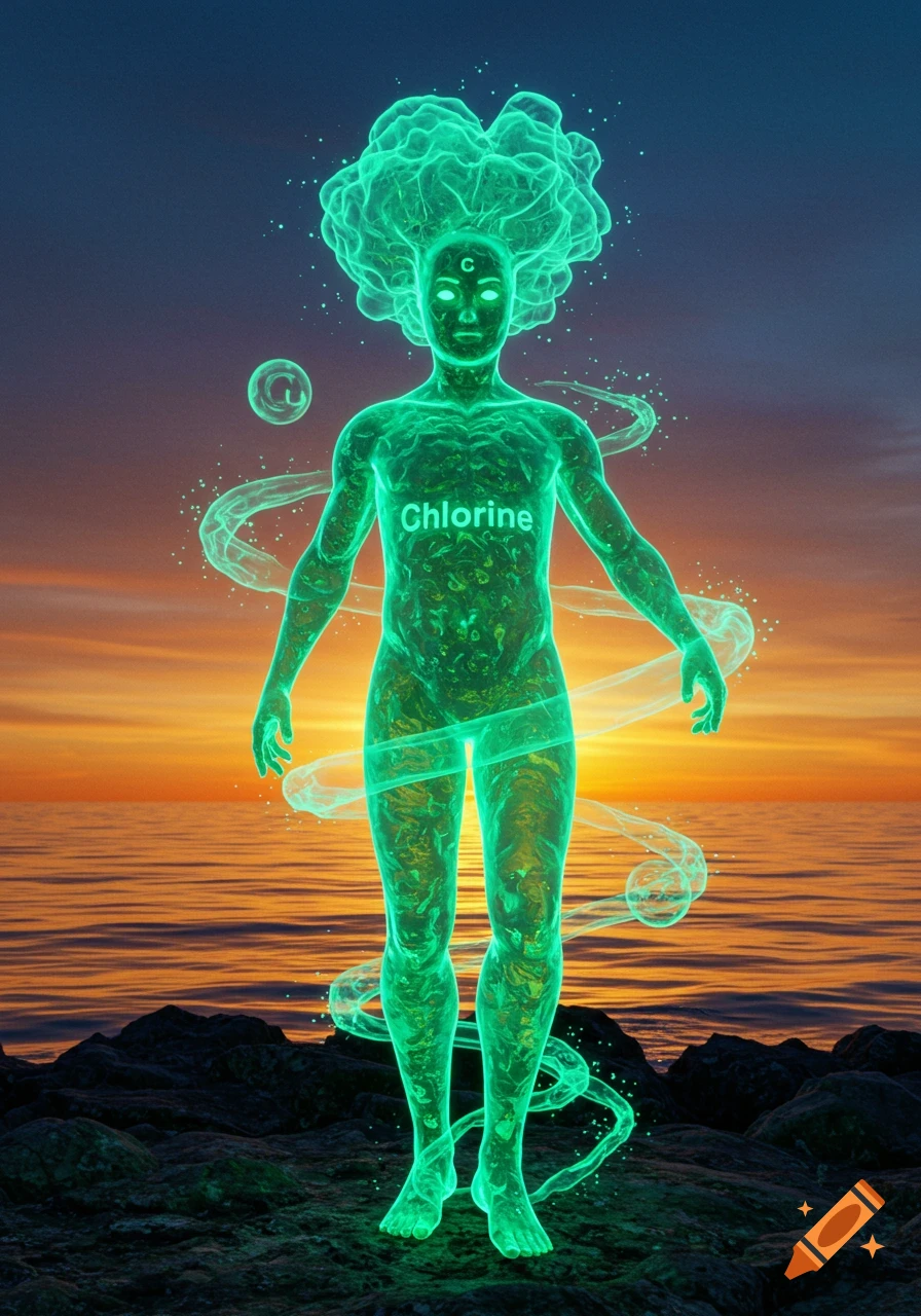 A glowing green humanoid figure made of swirling energy with "Chlorine" on its chest and "C" on its forehead, standing on rocks at sunset.