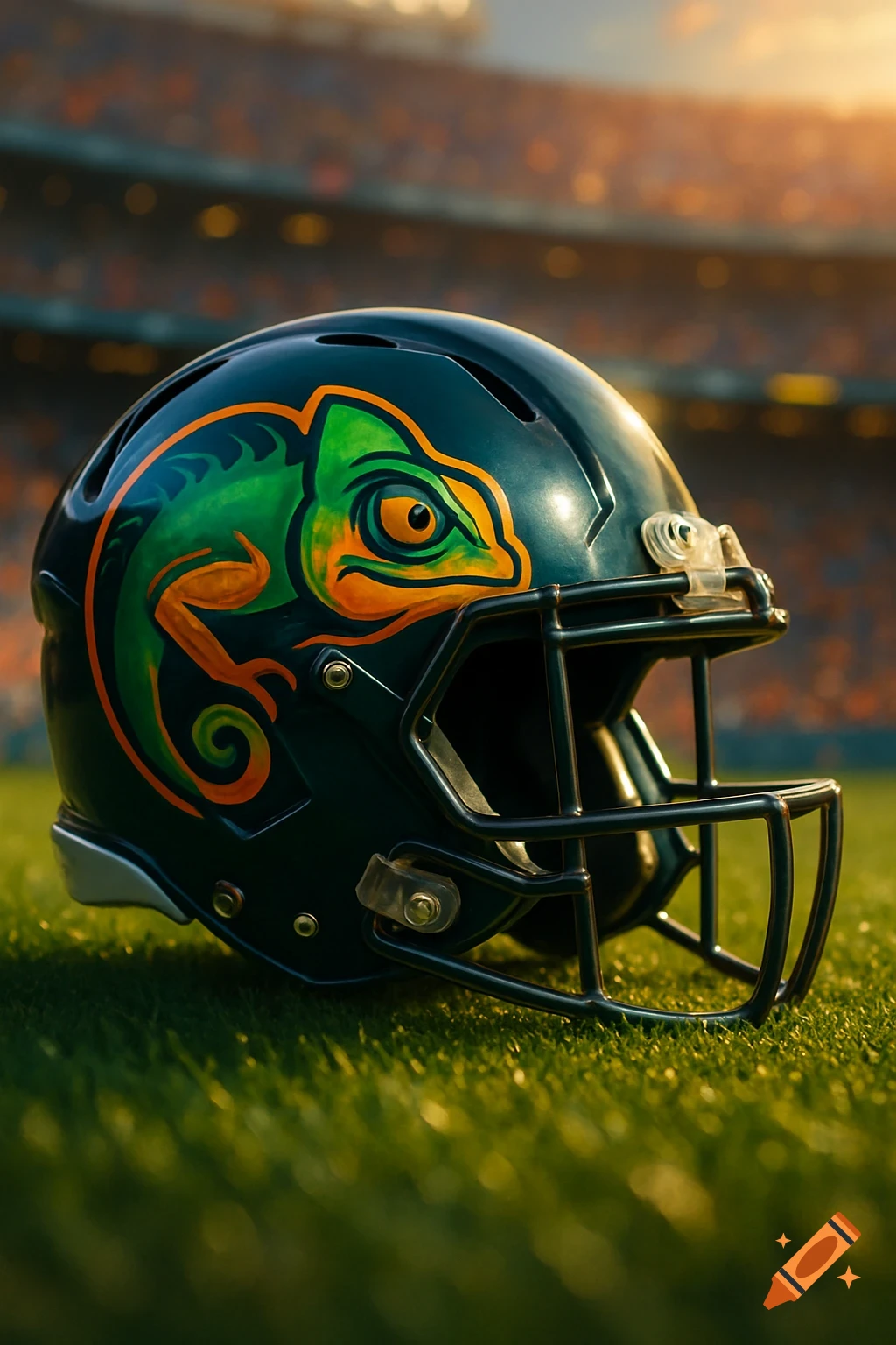 A dark green American football helmet with a vibrant green and orange chameleon logo, resting on a grassy field in a stadium.