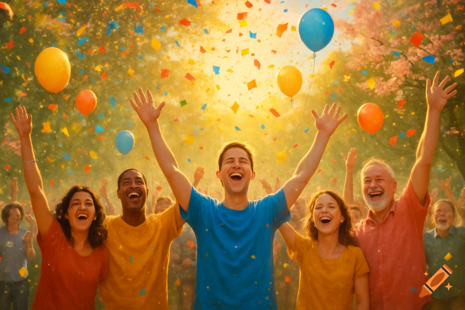 A diverse group of happy people celebrate outdoors with arms raised as colorful confetti and balloons fall around them.