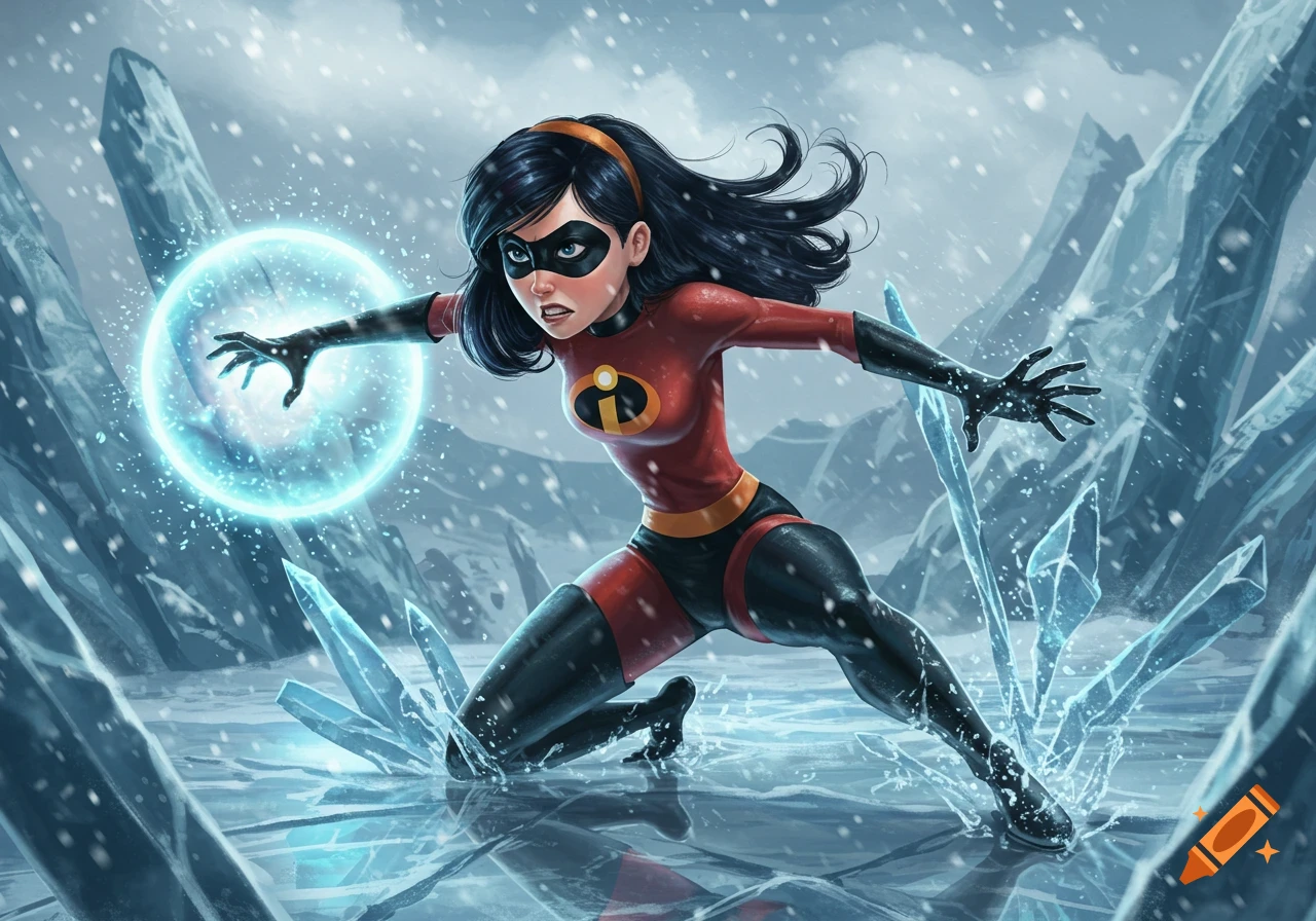 Violet from The Incredibles crouches in a snowy, icy landscape, generating a glowing blue energy shield. Detailed digital illustration.
