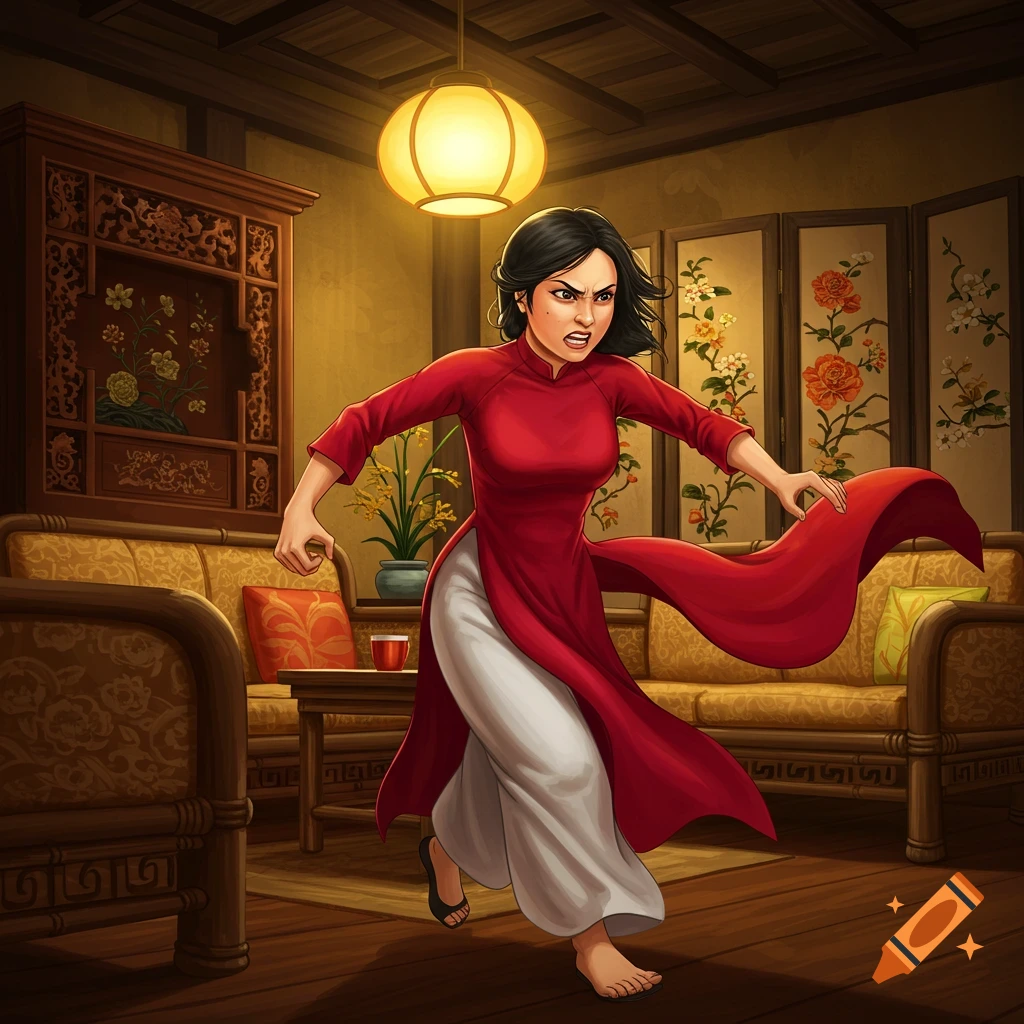 An enraged Vietnamese woman in a red Áo dài runs through a traditional, ornate living room, her dress flowing.