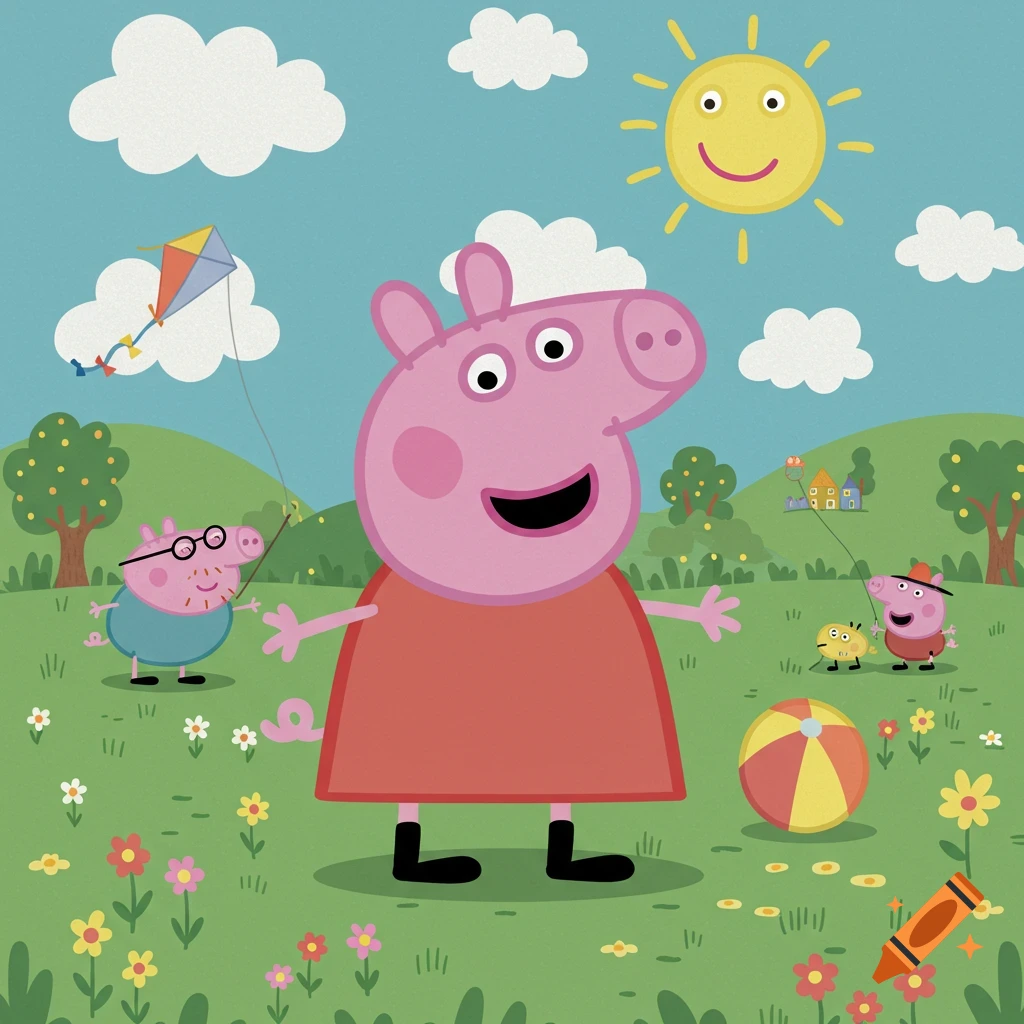Peppa Pig, Daddy Pig, and George play outdoors in a sunny field with kites and a ball, in a vibrant cartoon style.