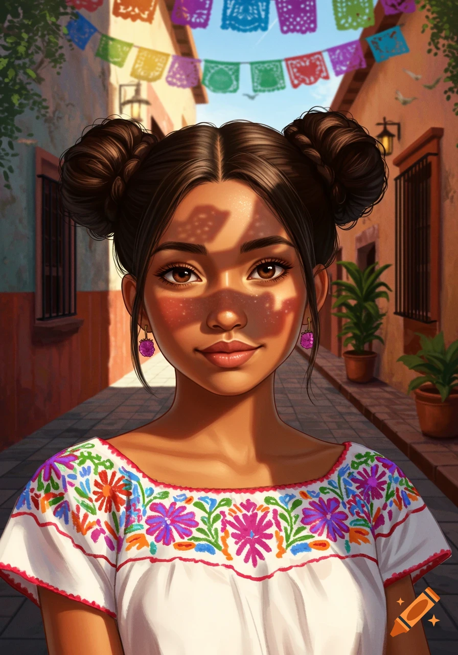 Illustrated portrait of a young girl with dark hair in buns, wearing a white embroidered blouse, standing on a sunny street with colorful papel picado banners.