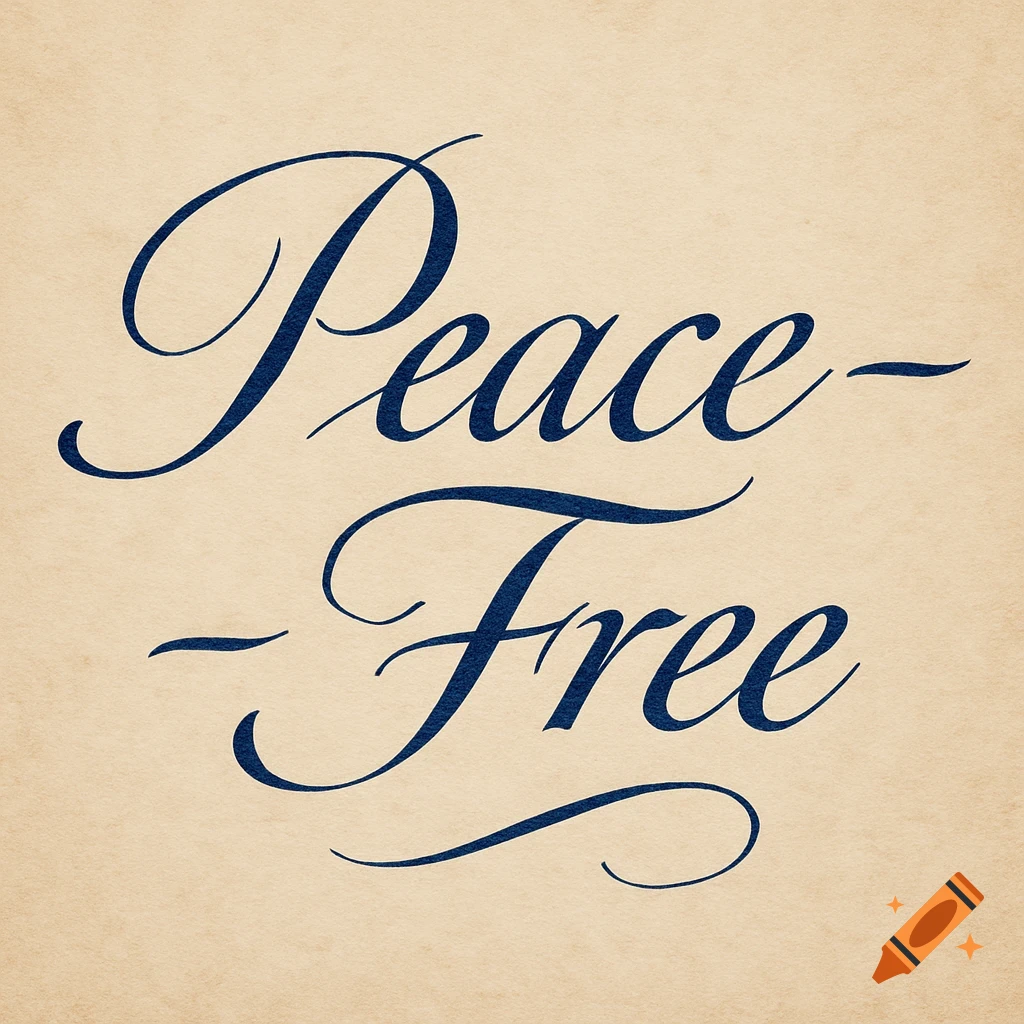 Dark blue calligraphy spells 'Peace - Free' on a textured, light brown background.