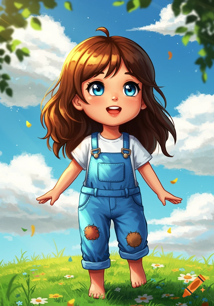 An anime little girl with brown hair and blue eyes wears a white t-shirt and blue overalls, standing barefoot in a grassy field under a sunny blue sky.