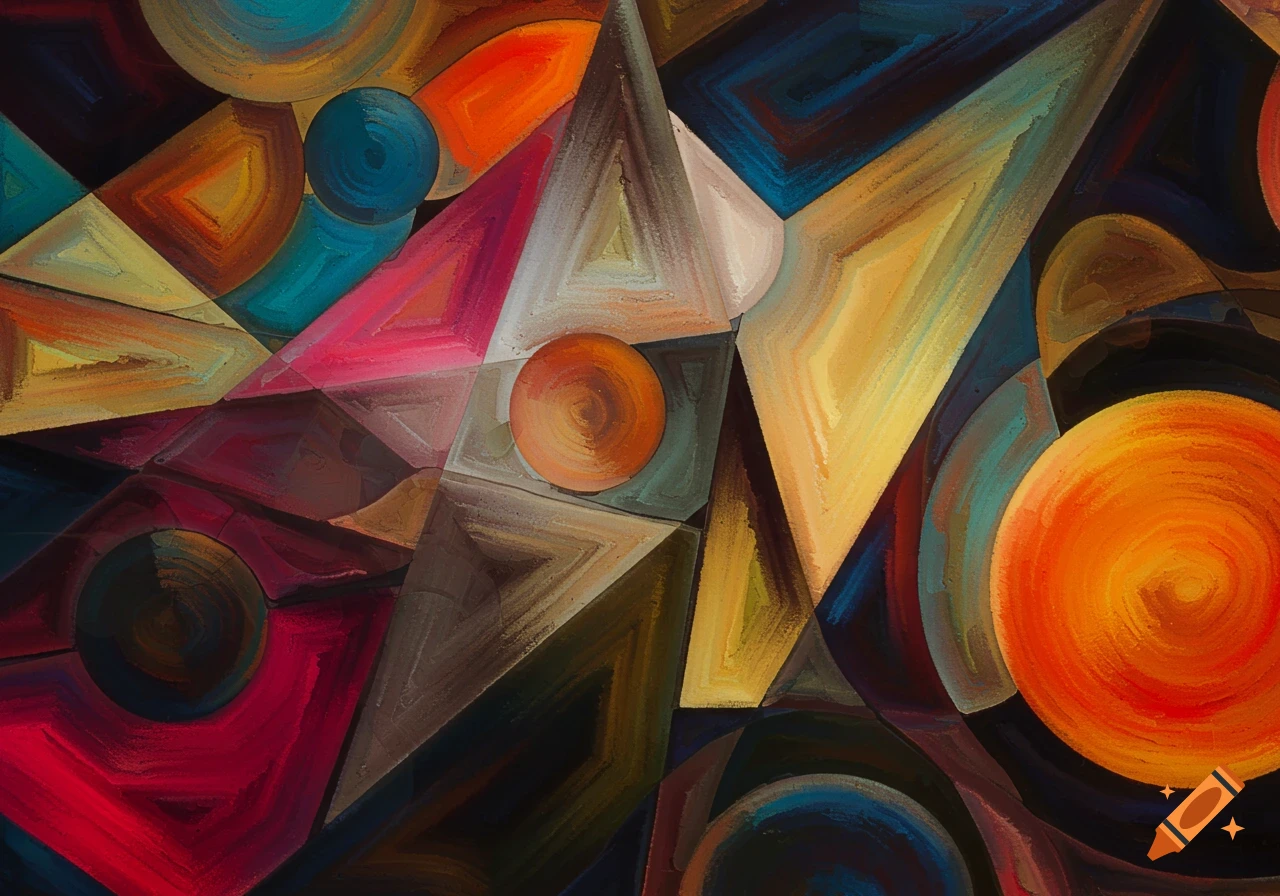 Abstract painting with interlocking geometric shapes in warm and cool colors, with visible brushstrokes.