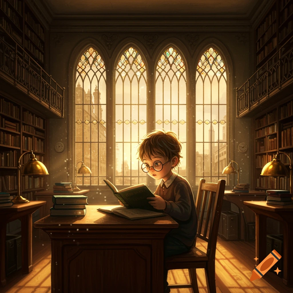 An illustrated boy with glasses reads a book at a desk in a sunlit, gothic library filled with bookshelves.