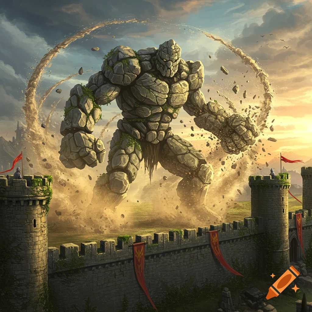 A colossal stone giant emerges from a dust cloud, towering over and breaking through a medieval castle wall at sunset.