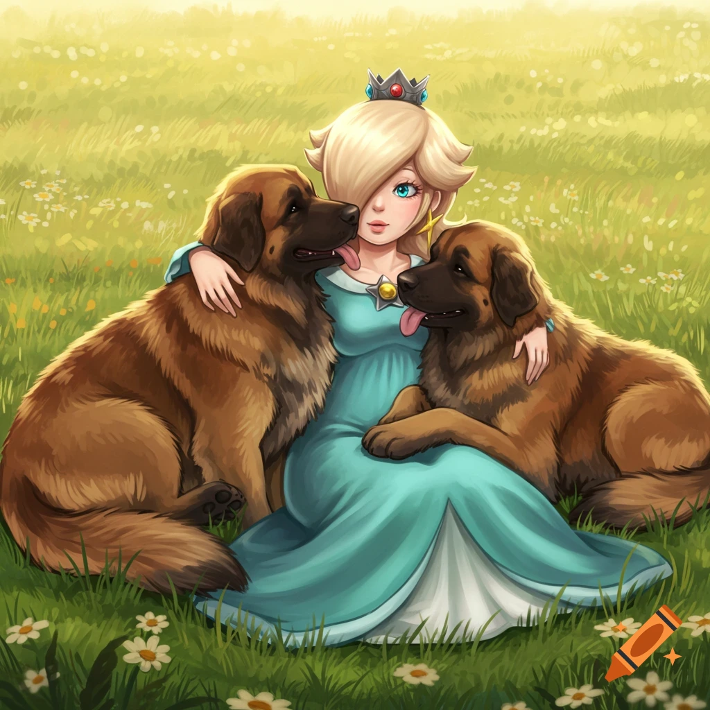 Rosalina from Mario sits in a grassy field, affectionately hugging two large brown Leonberger dogs, one licking her face.