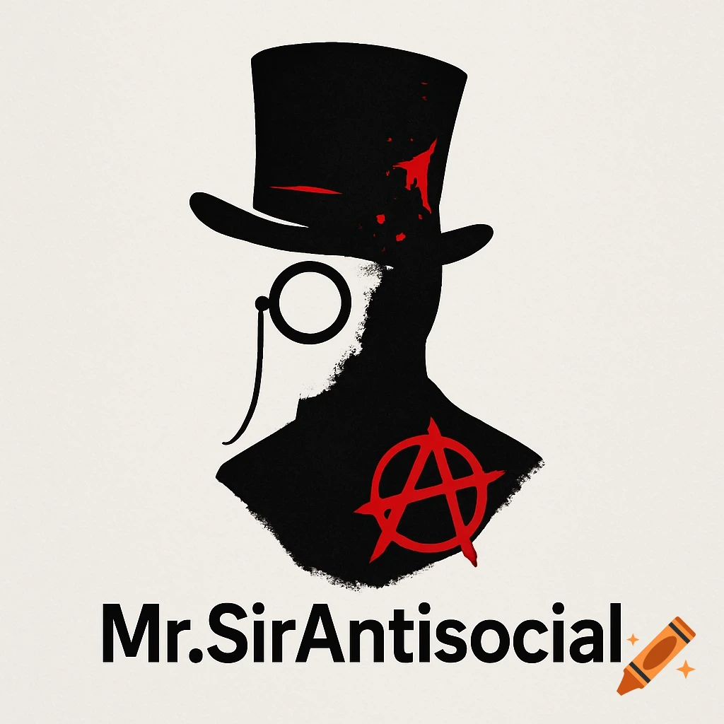 Minimalist logo: Black silhouette in top hat and monocle, red blood spatters, anarchy symbol, text 'Mr.SirAntisocial'.