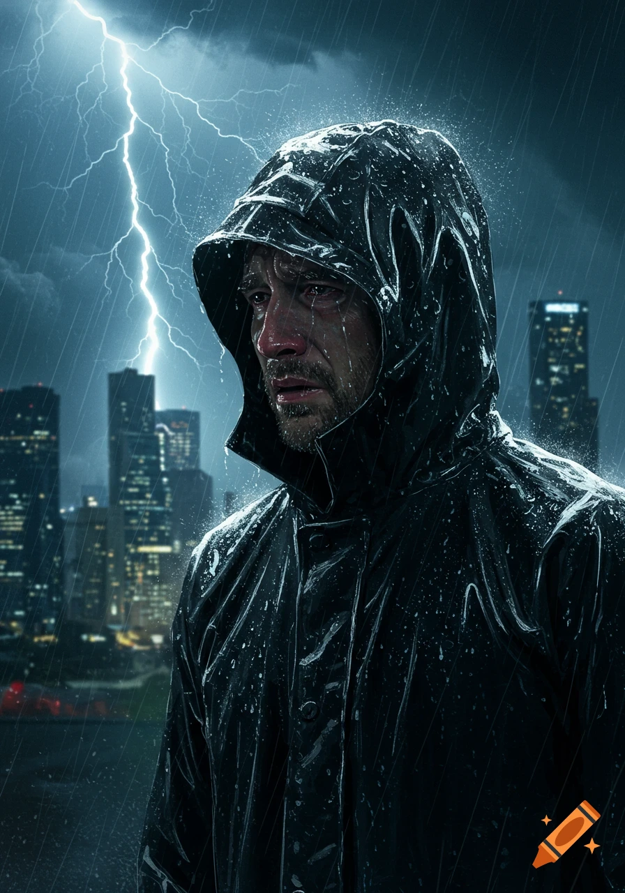 Photorealistic image of a distressed man in a hooded rain jacket crying during a stormy night with city lights and lightning in the background.