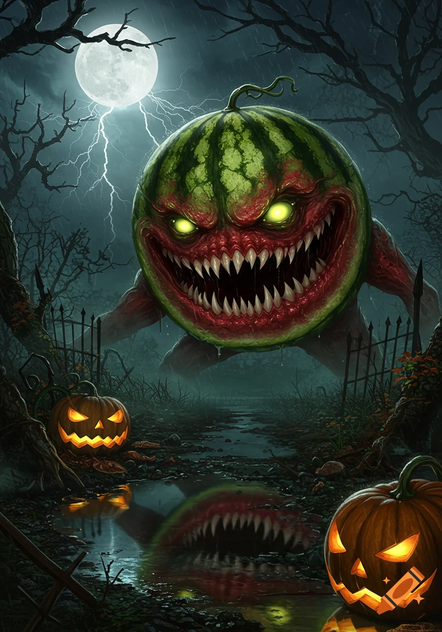 A scary, monstrous watermelon with glowing eyes and sharp teeth in a dark, stormy Halloween graveyard with jack-o'-lanterns.