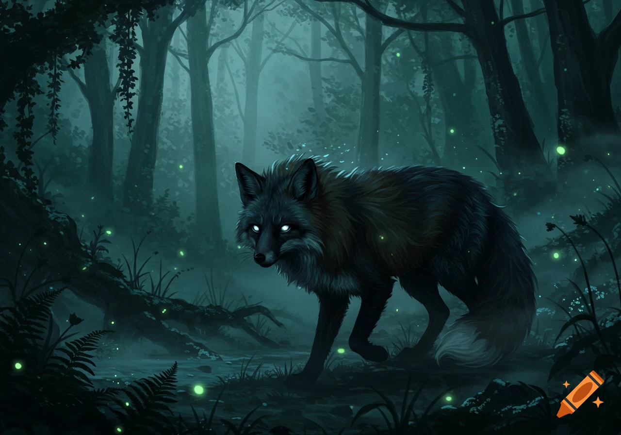 A dark fox with glowing eyes stands in a mystical, misty forest with luminous green flora.