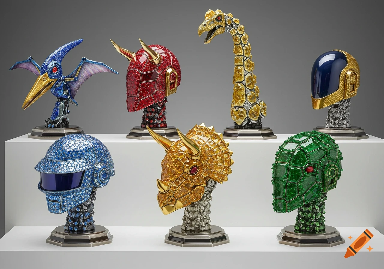 Six ornate, jeweled robot helmets styled as dinosaurs and Daft Punk, in various colors on display.