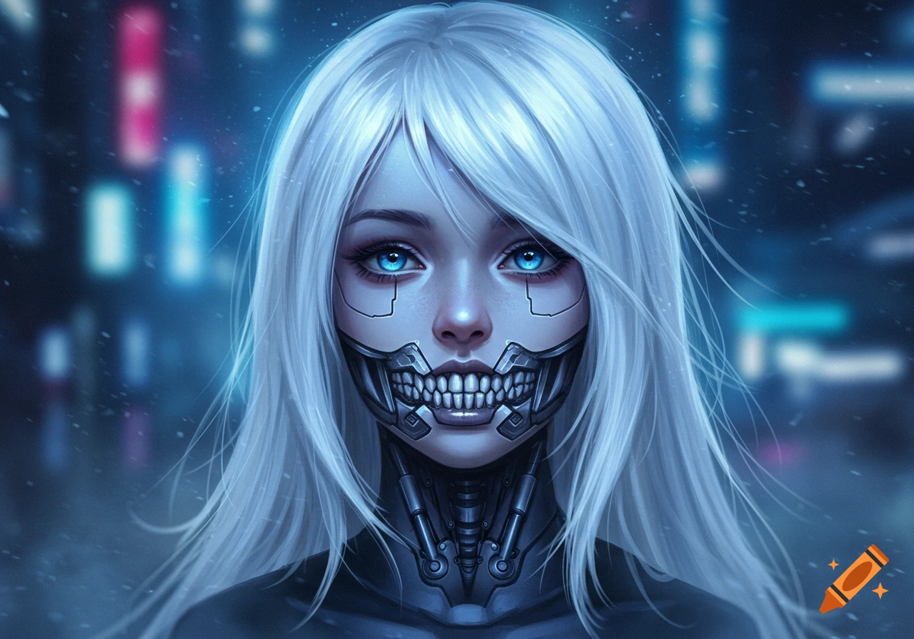 Close-up of a futuristic girl with long white hair, glowing blue eyes, and a detailed metal jaw, against a blurry cyberpunk city background.