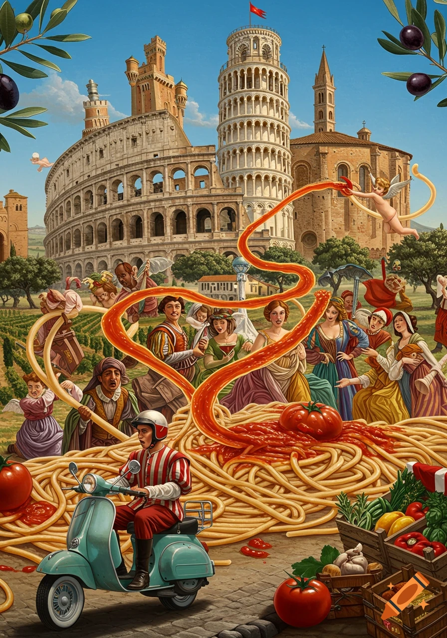 Whimsical illustration of Italian landmarks, people in period costumes, and cherubs interacting with gigantic strands of spaghetti and sauce. A person rides a scooter on the pasta road, with olives and tomatoes framing the scene.