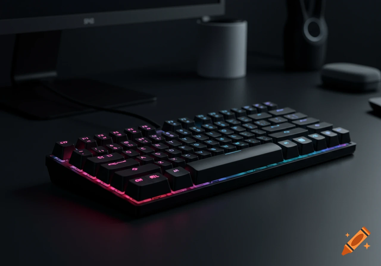 A black mechanical keyboard with glowing RGB backlighting sits on a dark desk in a modern workspace, with a monitor in the background.