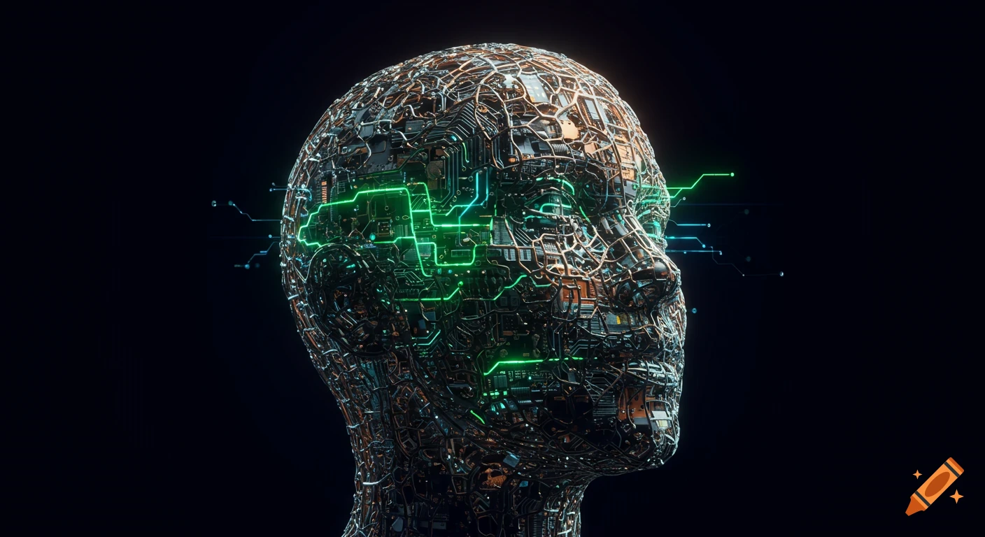Profile of a futuristic human head made of circuit boards and mesh, with glowing green electrical lines, on a dark background.