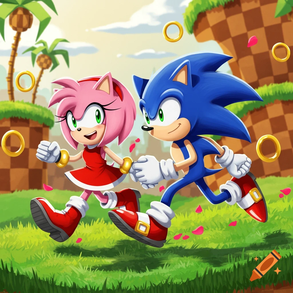Sonic the Hedgehog and Amy Rose run hand-in-hand through a grassy Green Hill Zone, surrounded by golden rings.
