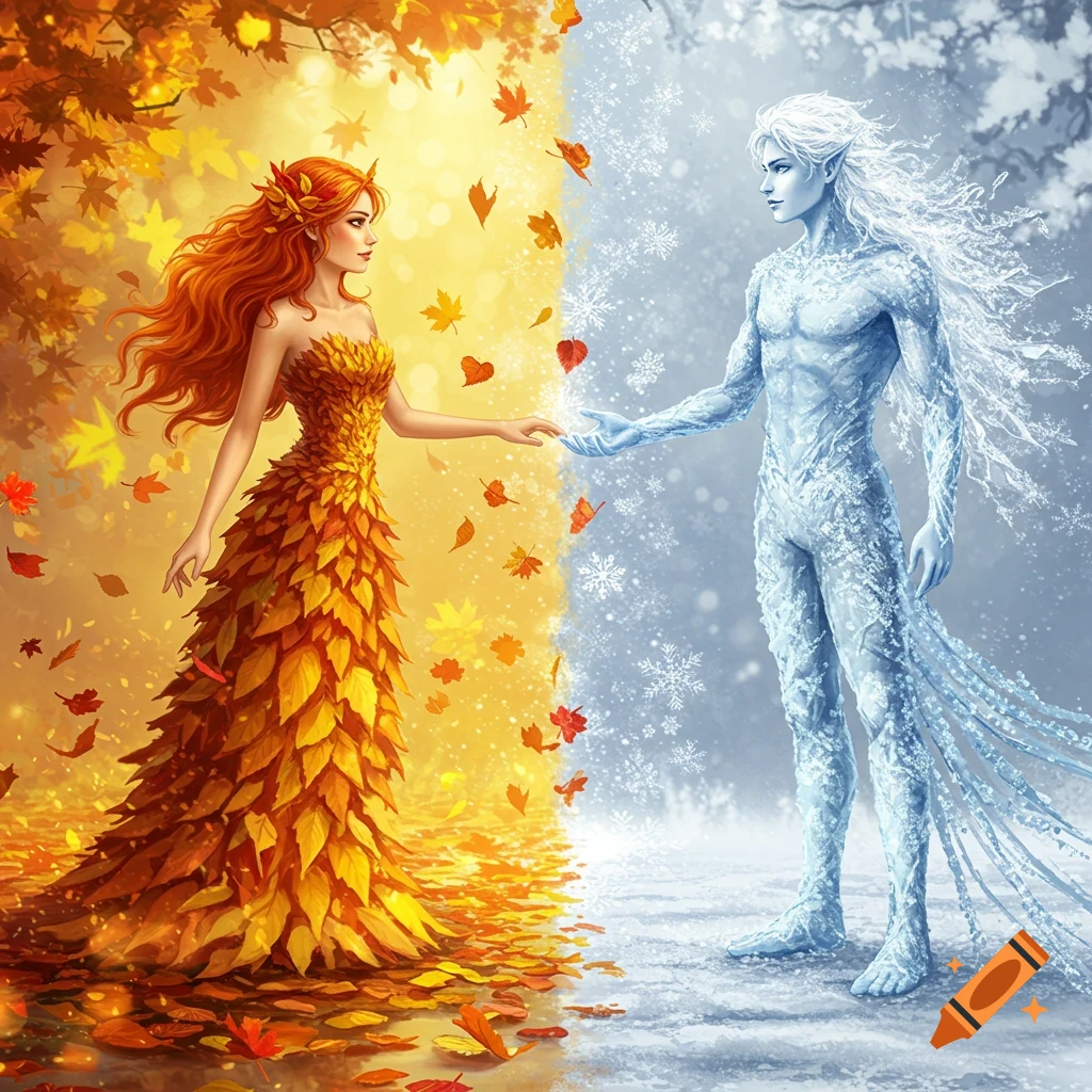 A woman representing autumn in a leaf dress and a man representing winter made of ice reach hands across a seasonal divide of leaves and snow, digital art.