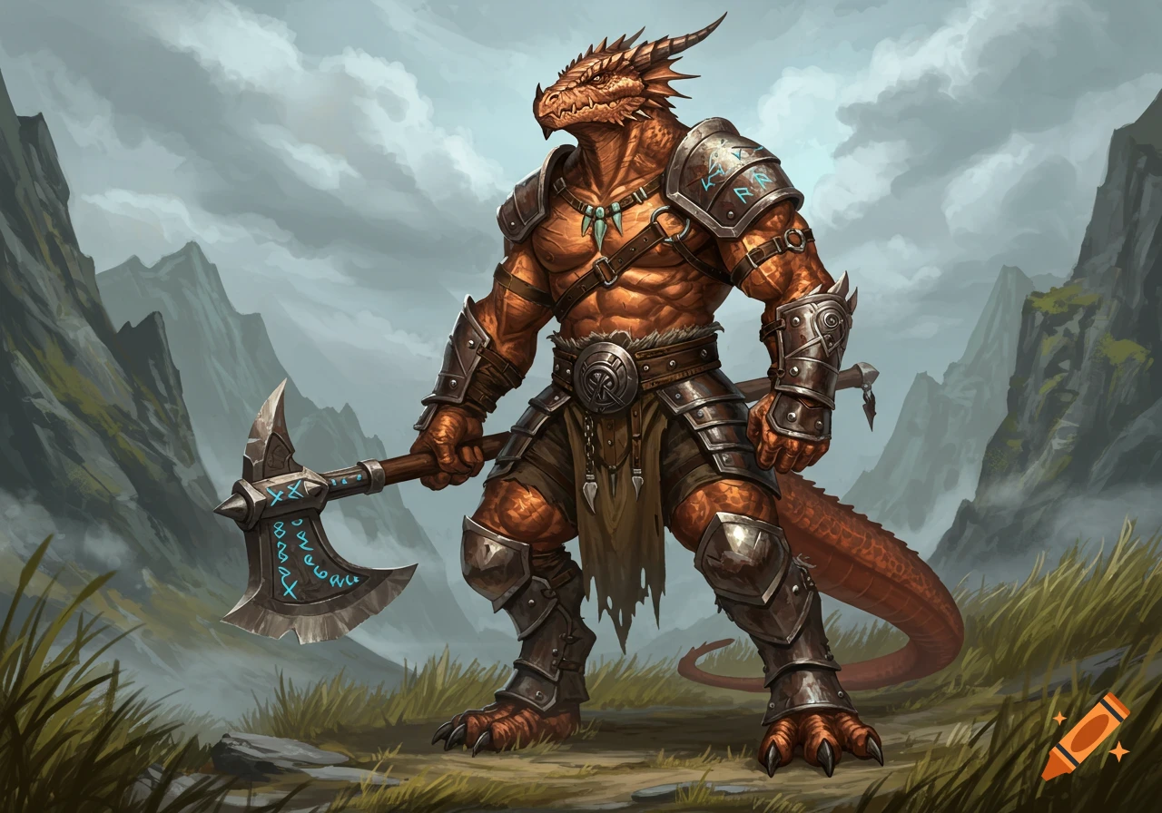 A formidable copper dragonborn barbarian stands armored with an axe in a mountainous landscape, rendered in a detailed digital painting style.