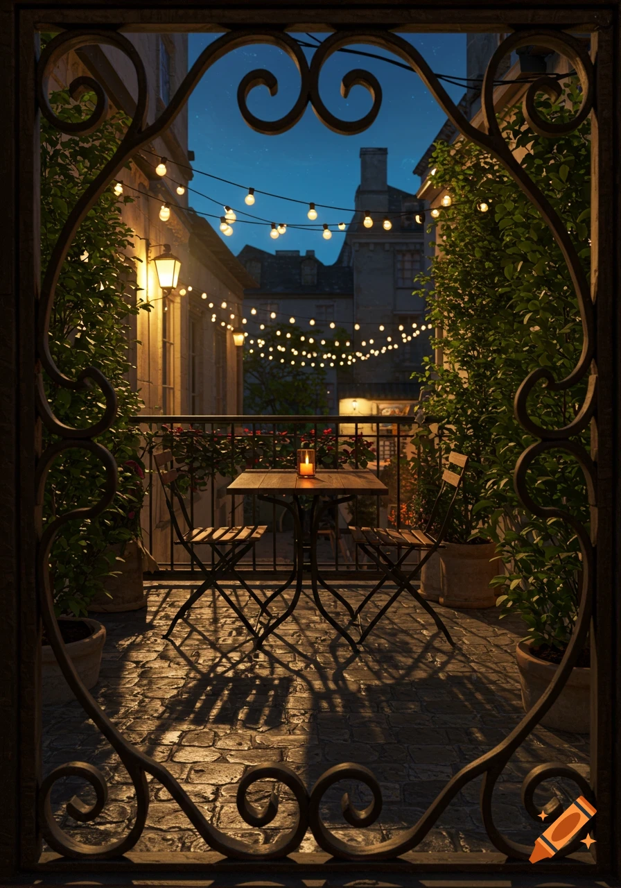 Photorealistic evening view through an ornate wrought iron gate to an outdoor cafe patio with a table, chairs, and string lights.